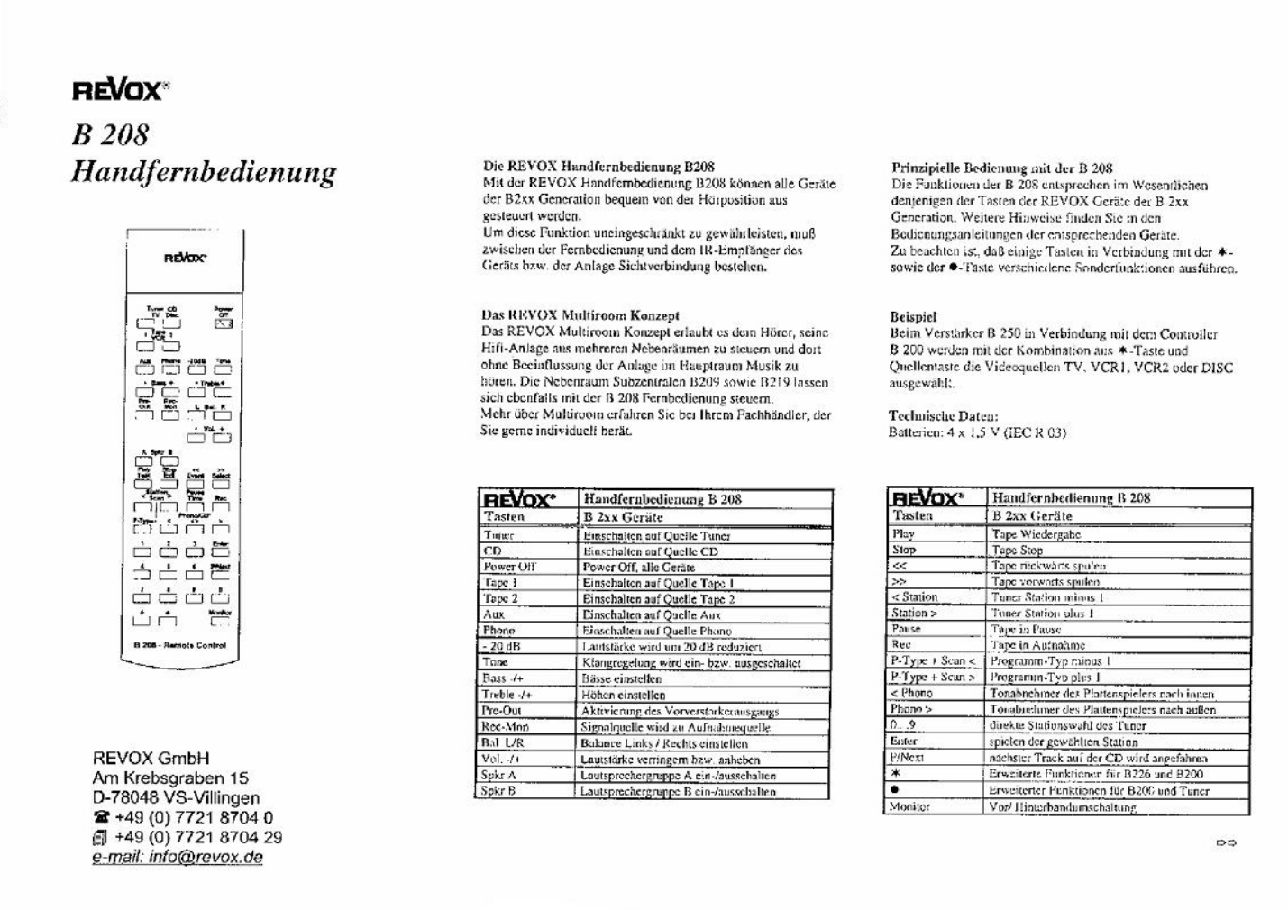 STUDER REVOX org Bedienungsanleitung B208 IR FERNSTEUERUNG in Deutscher Sprache 